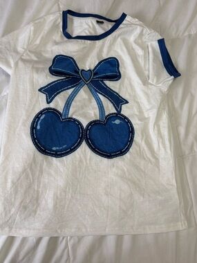 SHEIN White Short Sleeve Tee with Blue Bow & Cherry Hearts